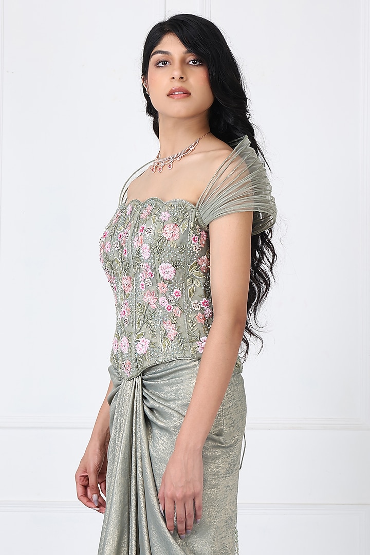 Sage Green Sandwash & Net Draped Skirt Set by Isha Regalia at Pernia's Pop Up Shop