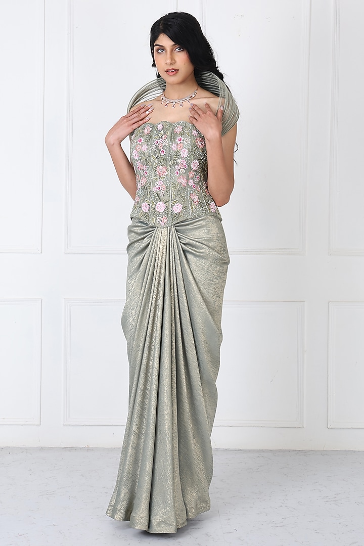 Sage Green Sandwash & Net Draped Skirt Set by Isha Regalia at Pernia's Pop Up Shop