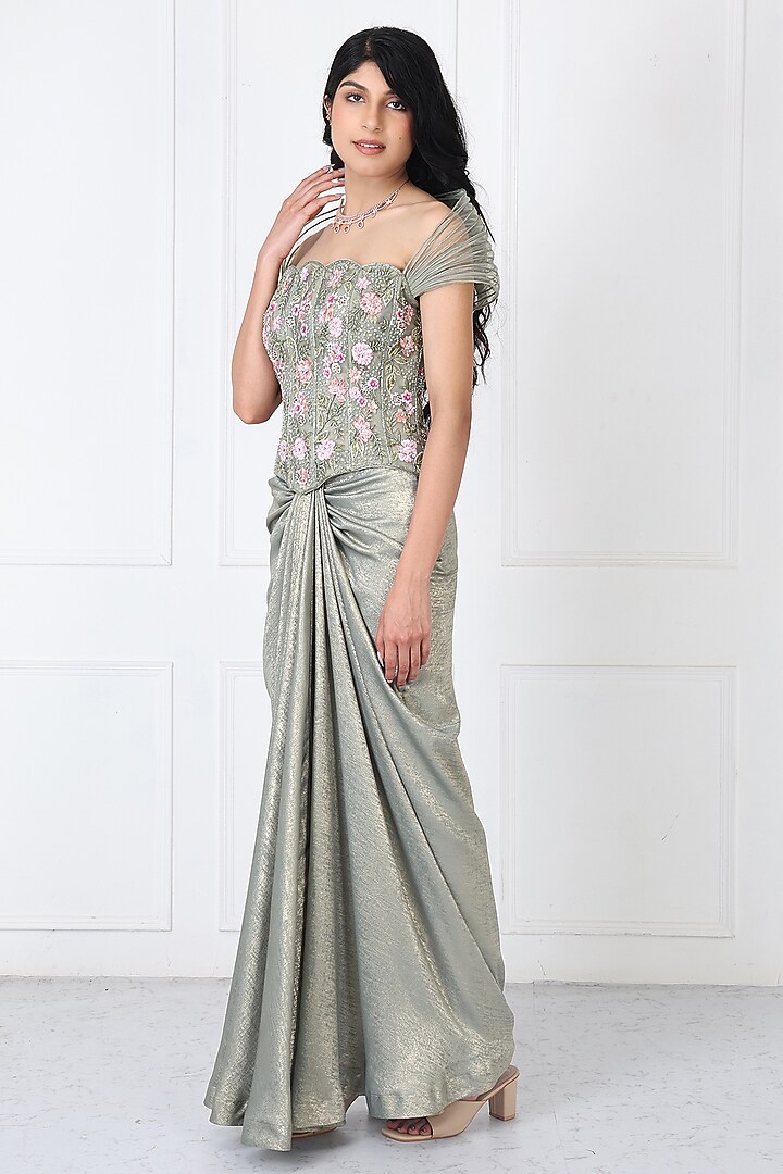 Sage Green Sandwash & Net Draped Skirt Set by Isha Regalia at Pernia's Pop Up Shop