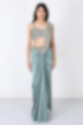 Green Satin Net Draped Wedding Saree Set by Isha Regalia at Pernia's Pop Up Shop