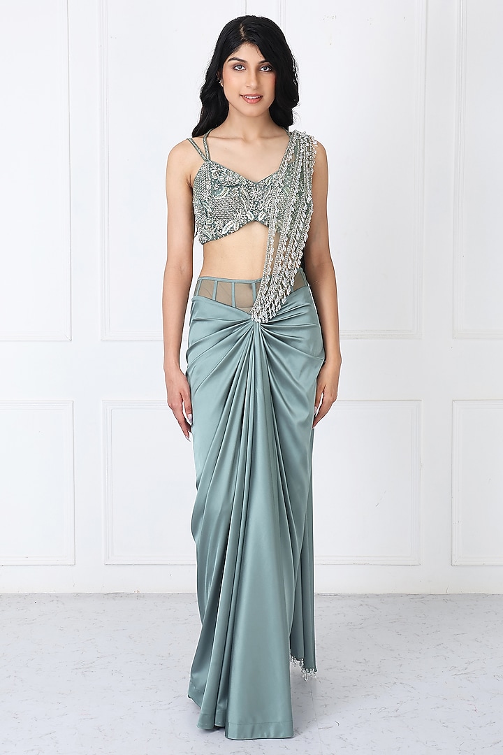 Green Satin Net Draped Wedding Saree Set by Isha Regalia at Pernia's Pop Up Shop