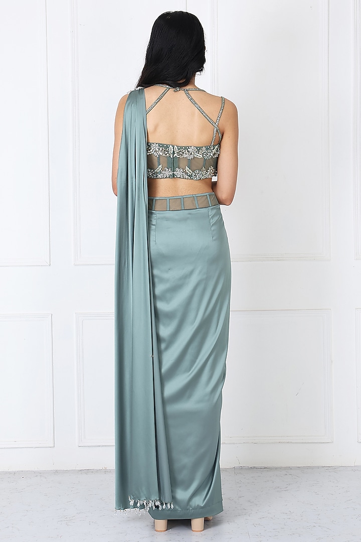 Green Satin Net Draped Wedding Saree Set by Isha Regalia at Pernia's Pop Up Shop