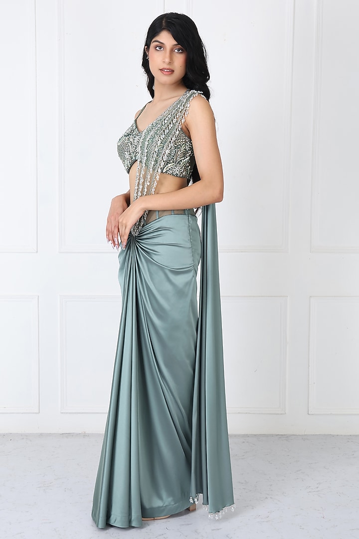 Green Satin Net Draped Wedding Saree Set by Isha Regalia at Pernia's Pop Up Shop