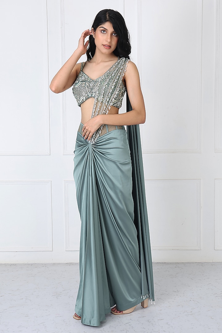 Green Satin Net Draped Wedding Saree Set by Isha Regalia at Pernia's Pop Up Shop