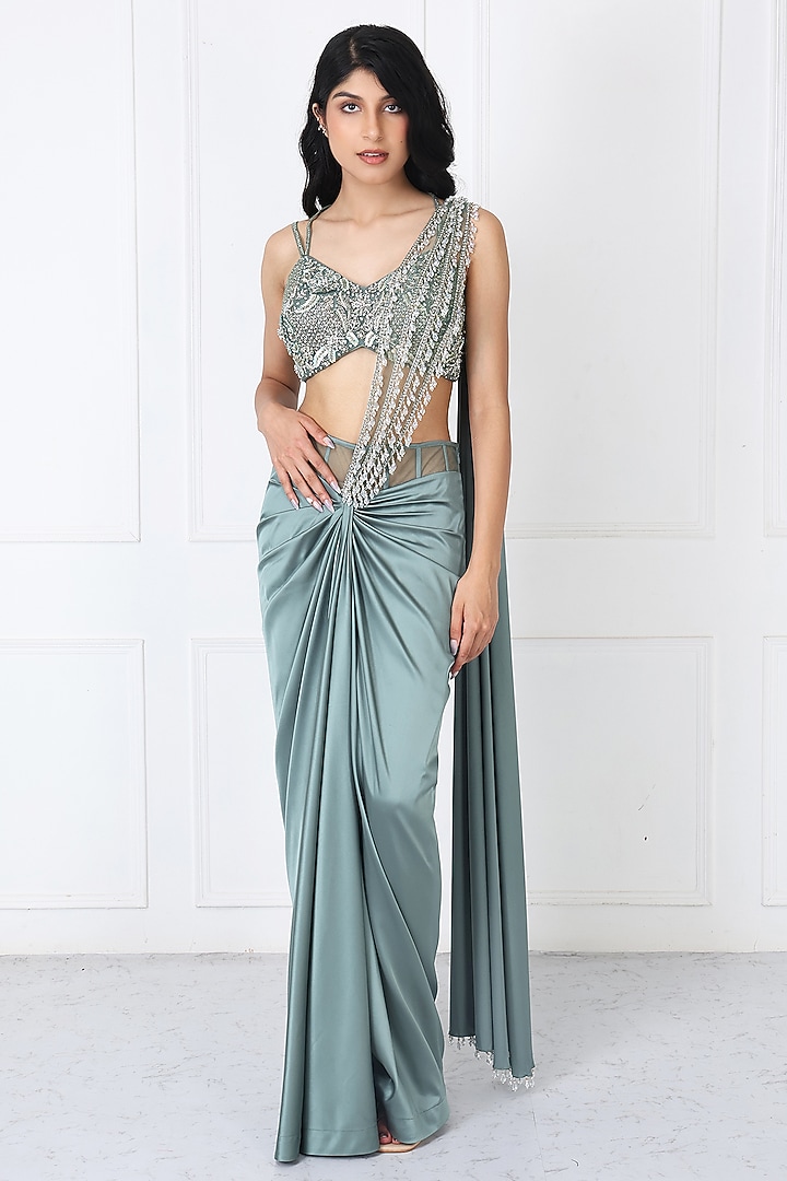 Green Satin Net Draped Wedding Saree Set by Isha Regalia at Pernia's Pop Up Shop