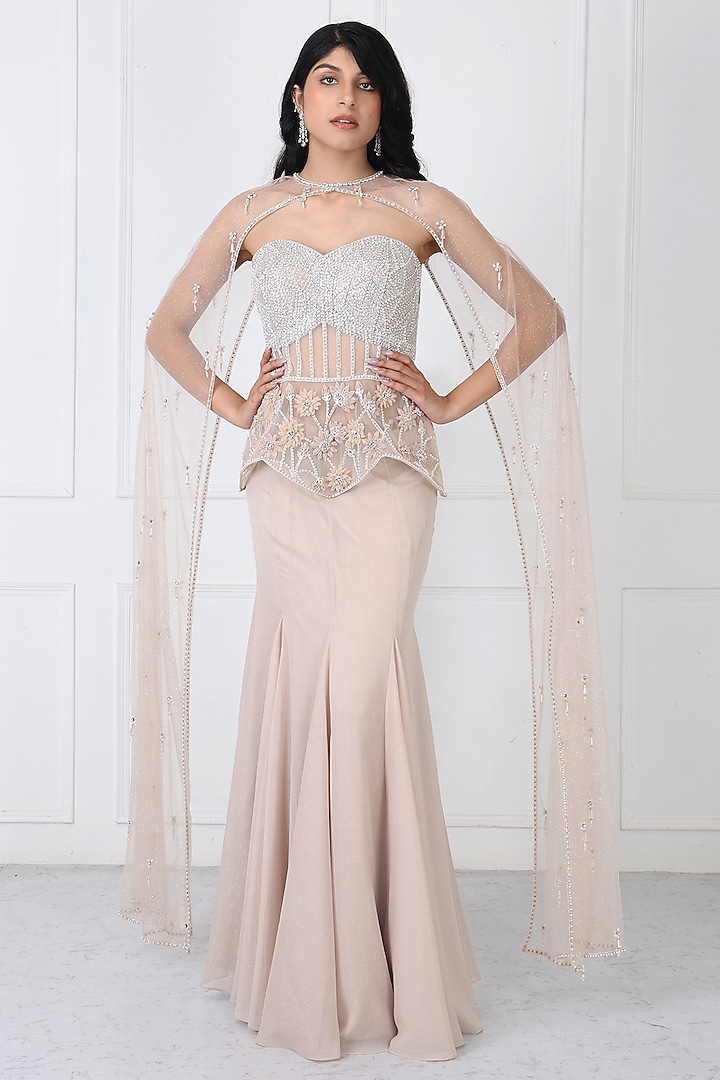 Beige Georgette & Net Paneled Skirt Set by Isha Regalia at Pernia's Pop Up Shop