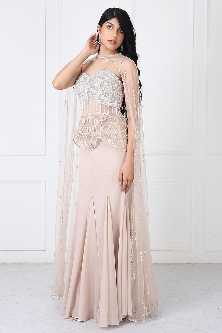 Beige Georgette & Net Paneled Skirt Set by Isha Regalia at Pernia's Pop Up Shop