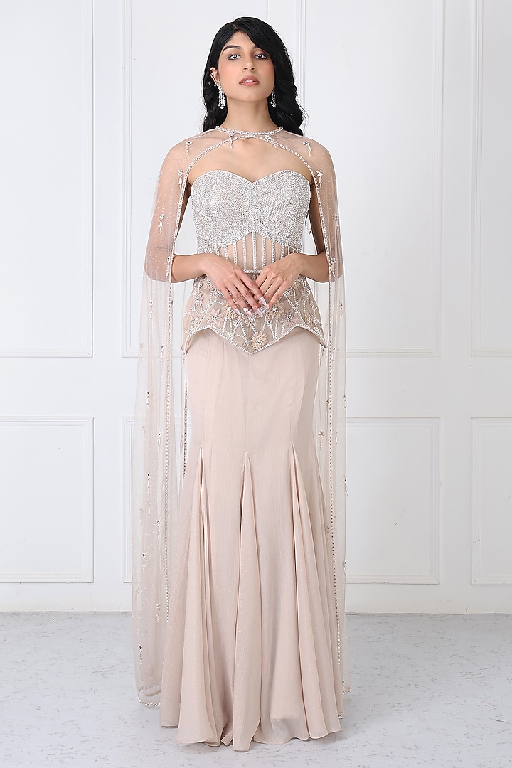 Beige Georgette & Net Paneled Skirt Set by Isha Regalia at Pernia's Pop Up Shop