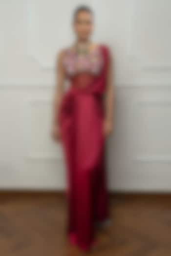 Maroon Satin & Net Draped Wedding Saree Set by Isha Regalia at Pernia's Pop Up Shop