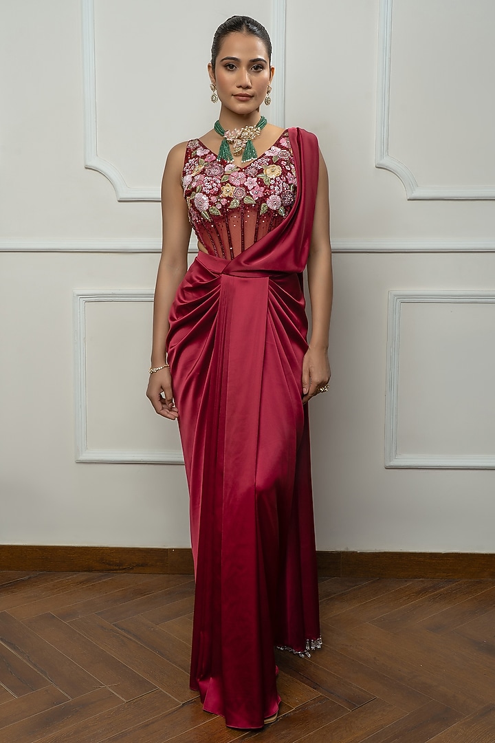 Maroon Satin & Net Draped Wedding Saree Set by Isha Regalia at Pernia's Pop Up Shop