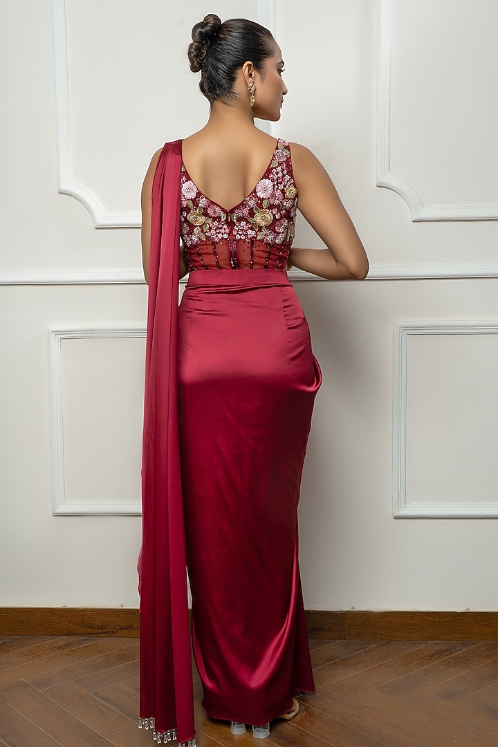 Maroon Satin & Net Draped Wedding Saree Set by Isha Regalia at Pernia's Pop Up Shop