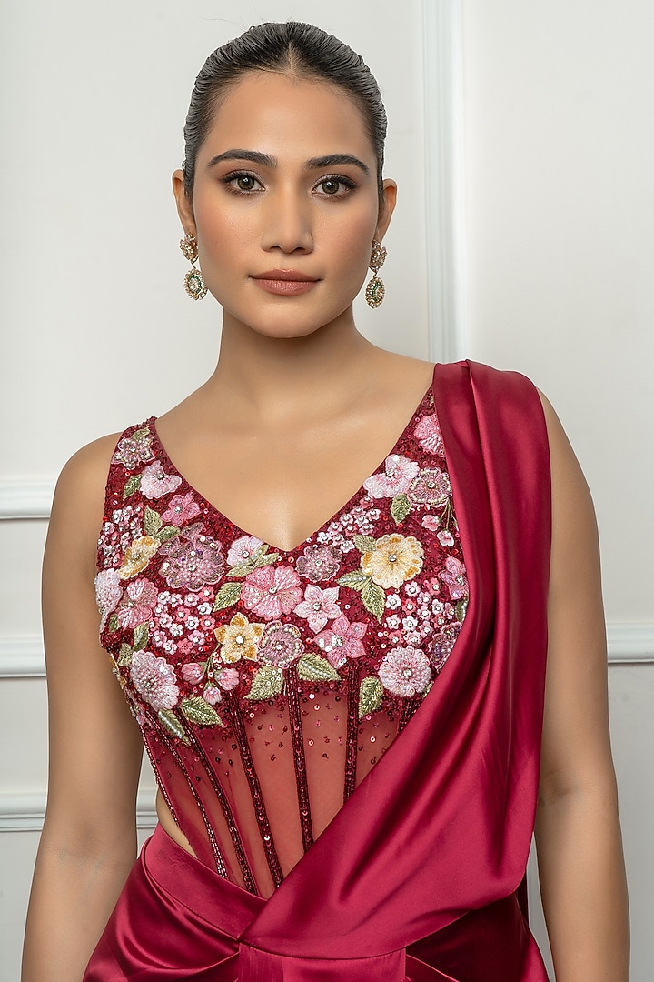 Maroon Satin & Net Draped Wedding Saree Set by Isha Regalia at Pernia's Pop Up Shop