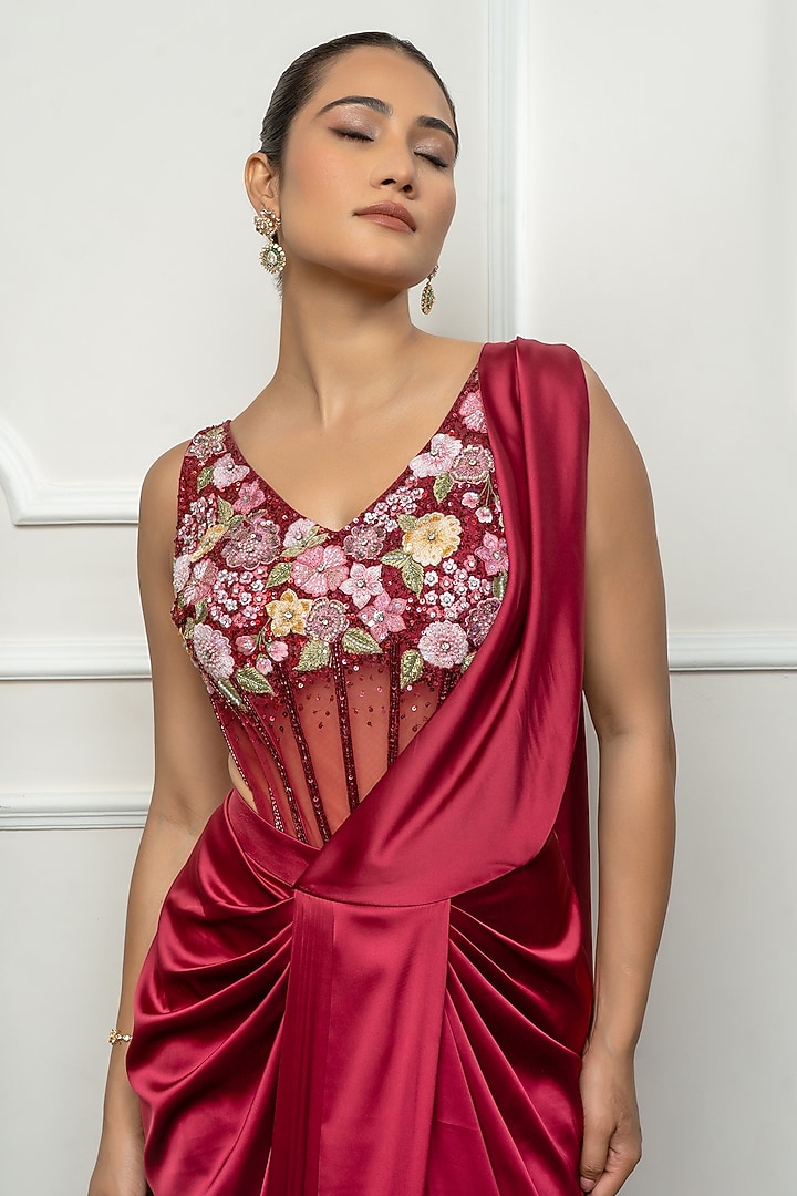 Maroon Satin & Net Draped Wedding Saree Set by Isha Regalia at Pernia's Pop Up Shop