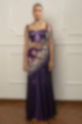 Purple Satin & Net Draped Wedding Saree Set by Isha Regalia at Pernia's Pop Up Shop