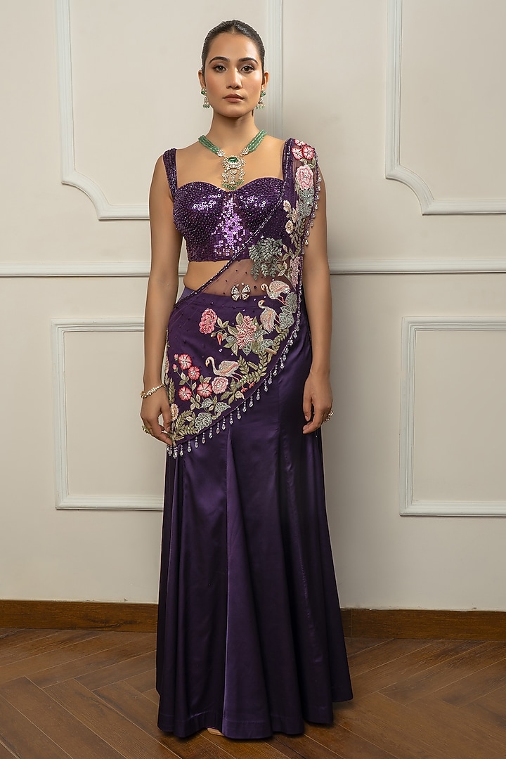 Purple Satin & Net Draped Wedding Saree Set by Isha Regalia at Pernia's Pop Up Shop