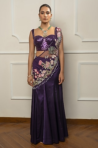 Purple Satin & Net Draped Saree Set by Isha Regalia