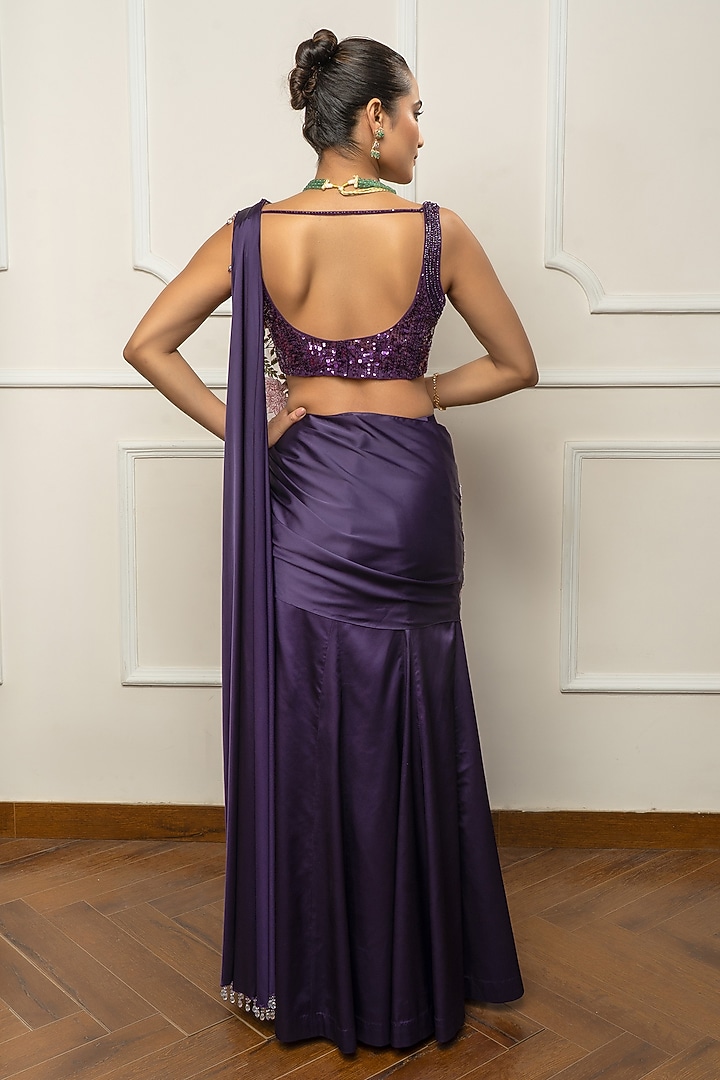 Purple Satin & Net Draped Wedding Saree Set by Isha Regalia at Pernia's Pop Up Shop