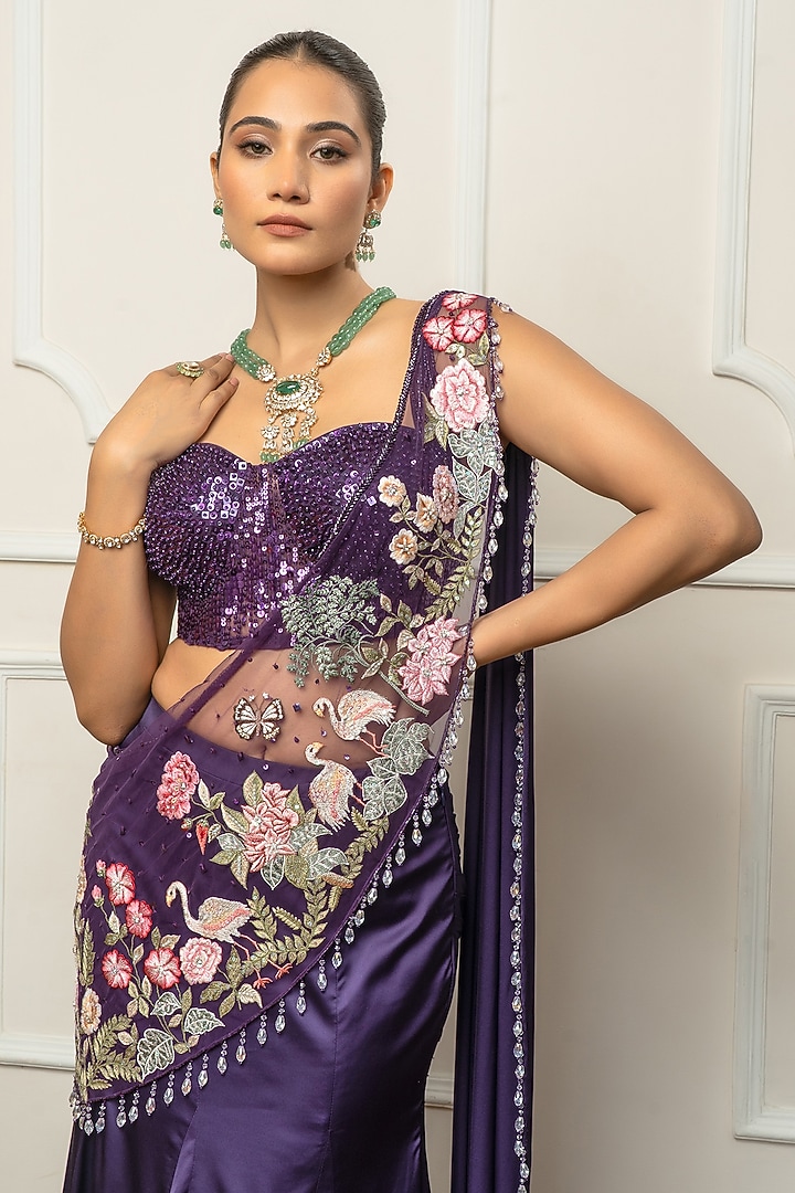 Purple Satin & Net Draped Wedding Saree Set by Isha Regalia at Pernia's Pop Up Shop