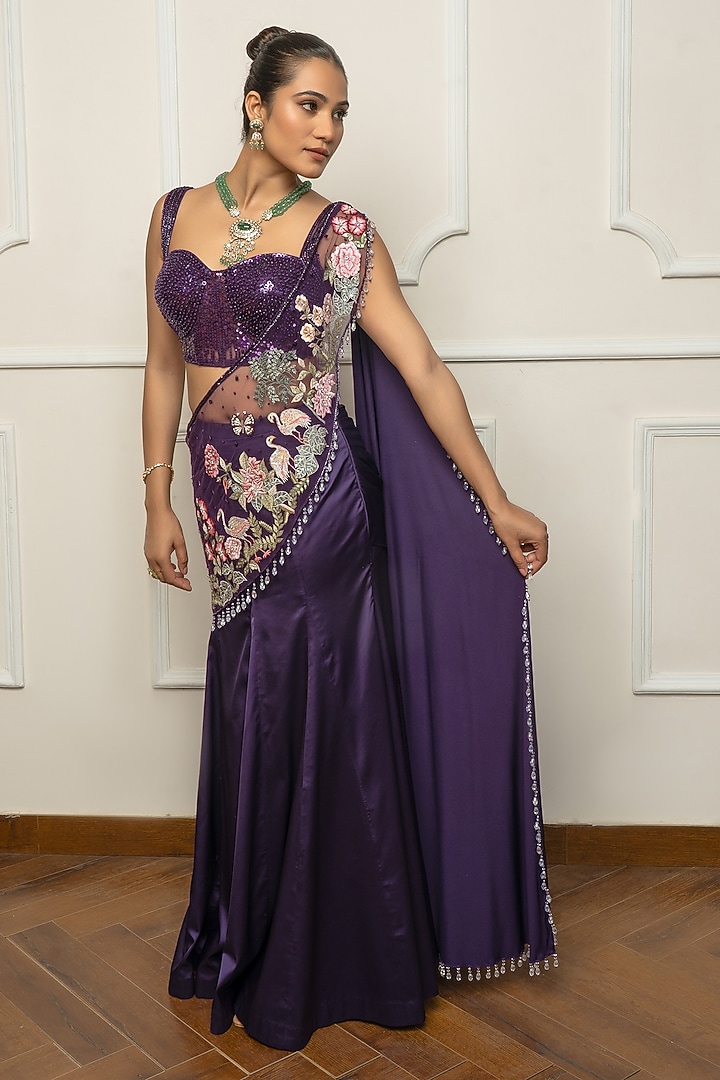 Purple Satin & Net Draped Wedding Saree Set by Isha Regalia at Pernia's Pop Up Shop