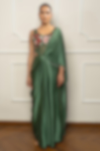 Green Satin & Net Draped Wedding Saree Set by Isha Regalia at Pernia's Pop Up Shop