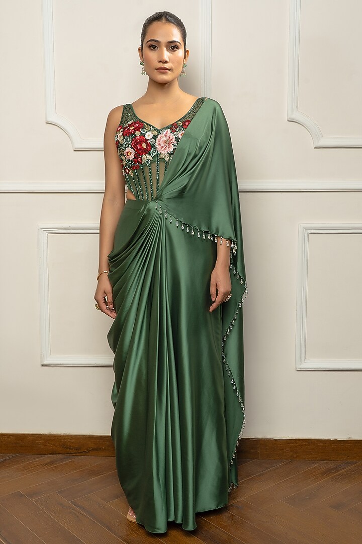 Green Satin & Net Draped Wedding Saree Set by Isha Regalia at Pernia's Pop Up Shop