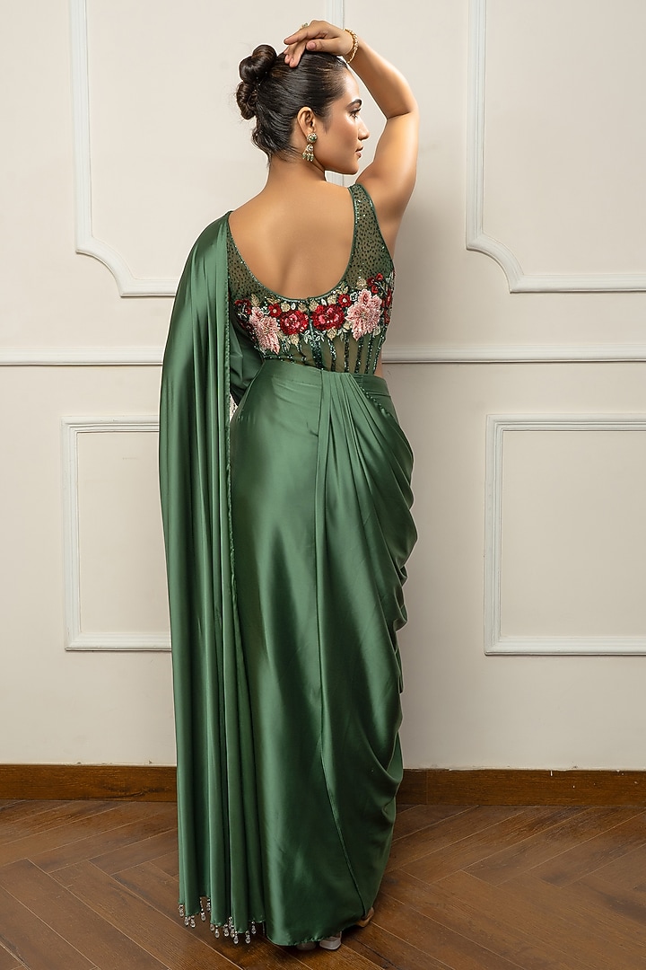 Green Satin & Net Draped Wedding Saree Set by Isha Regalia at Pernia's Pop Up Shop
