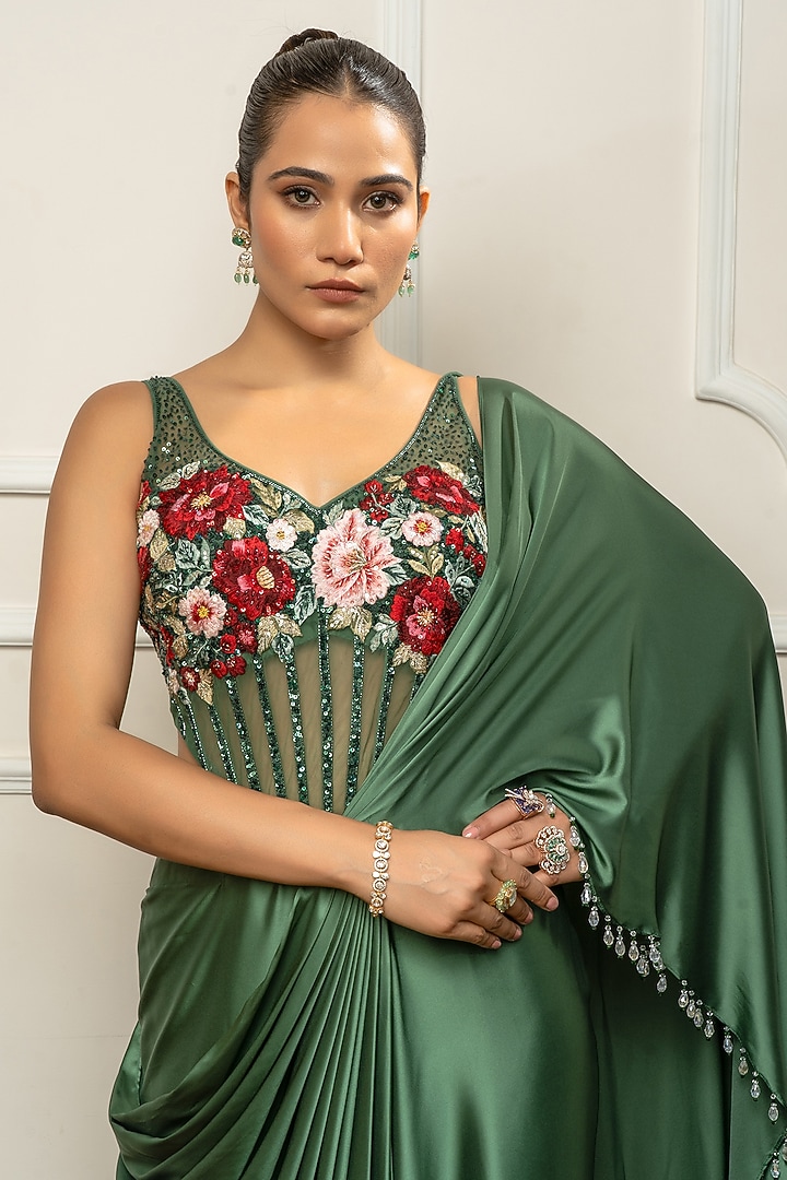 Green Satin & Net Draped Wedding Saree Set by Isha Regalia at Pernia's Pop Up Shop