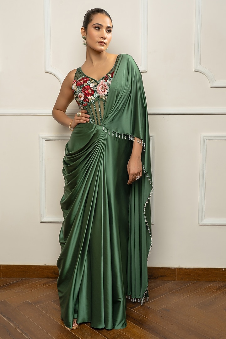 Green Satin & Net Draped Wedding Saree Set by Isha Regalia at Pernia's Pop Up Shop
