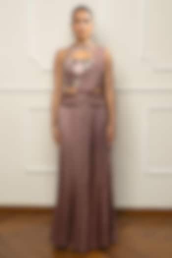 Mauve Taupe Satin & Net Draped Wedding Saree Set by Isha Regalia at Pernia's Pop Up Shop
