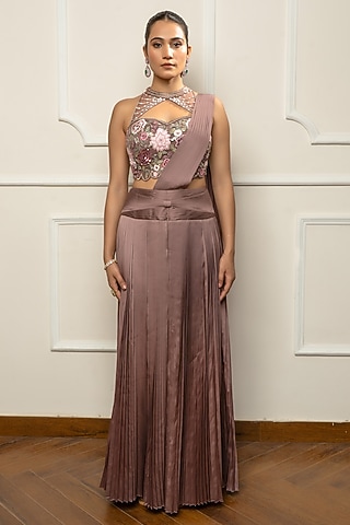 Mauve Taupe Satin & Net Draped Saree Set by Isha Regalia