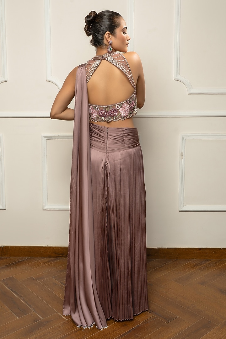 Mauve Taupe Satin & Net Draped Wedding Saree Set by Isha Regalia at Pernia's Pop Up Shop