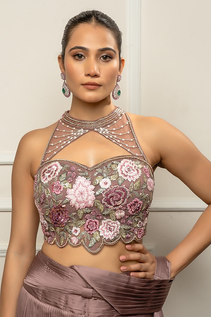 Mauve Taupe Satin & Net Draped Wedding Saree Set by Isha Regalia at Pernia's Pop Up Shop