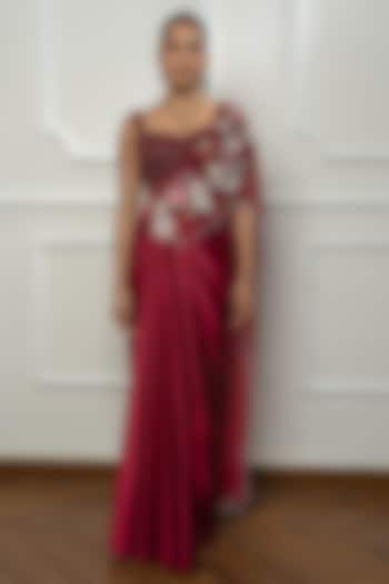 Maroon Satin & Net Embroidered Draped Wedding Saree Set by Isha Regalia at Pernia's Pop Up Shop