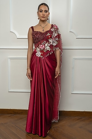 Maroon Satin & Net Embroidered Draped Saree Set by Isha Regalia