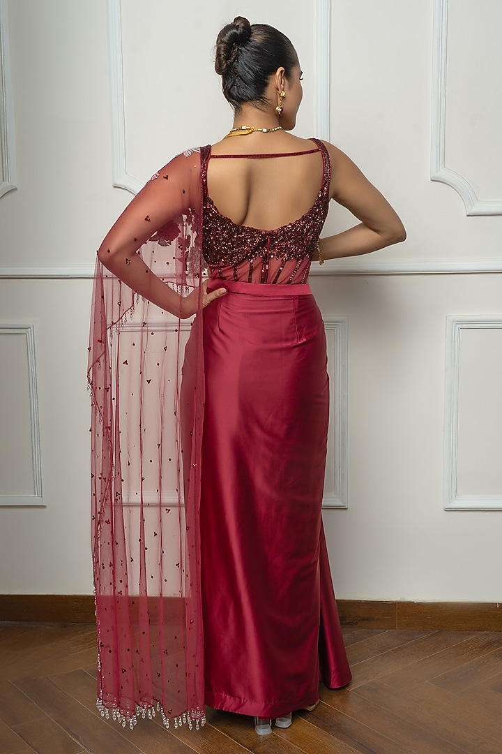 Maroon Satin & Net Embroidered Draped Wedding Saree Set by Isha Regalia at Pernia's Pop Up Shop