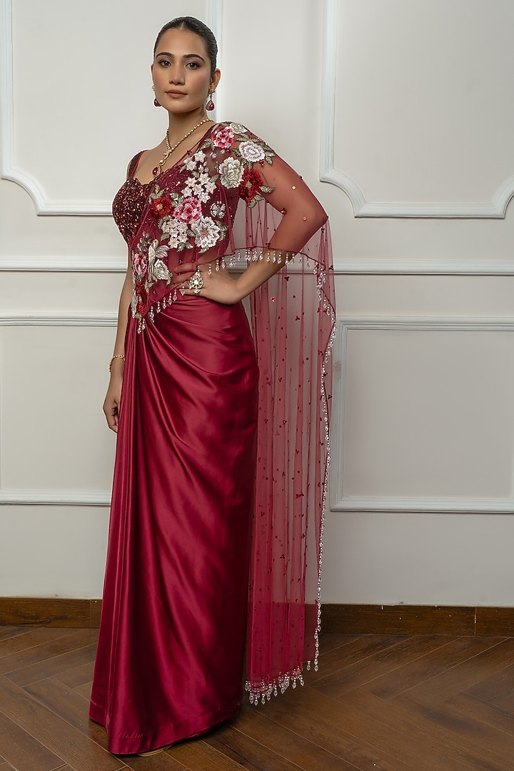 Maroon Satin & Net Embroidered Draped Wedding Saree Set by Isha Regalia at Pernia's Pop Up Shop
