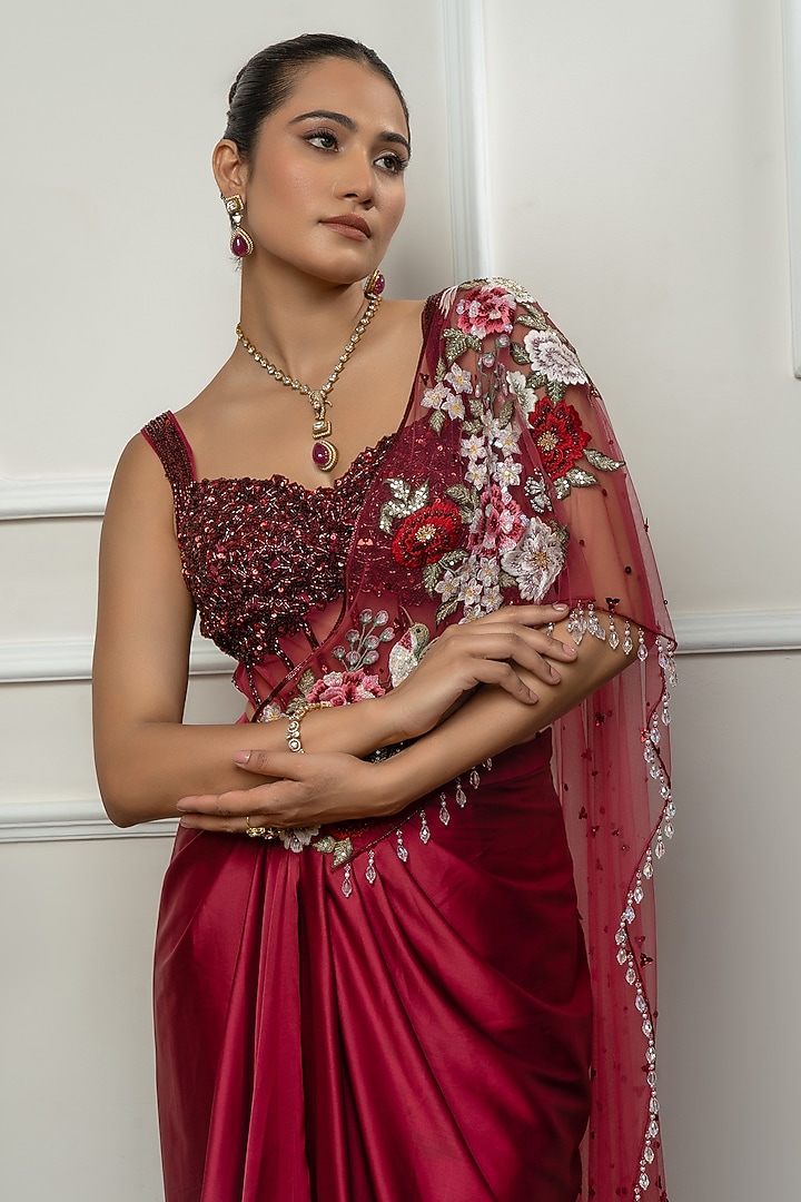 Maroon Satin & Net Embroidered Draped Wedding Saree Set by Isha Regalia at Pernia's Pop Up Shop