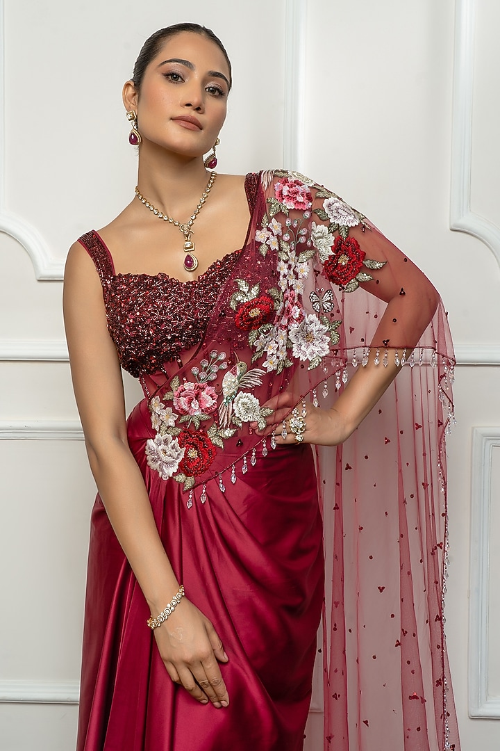 Maroon Satin & Net Embroidered Draped Wedding Saree Set by Isha Regalia at Pernia's Pop Up Shop