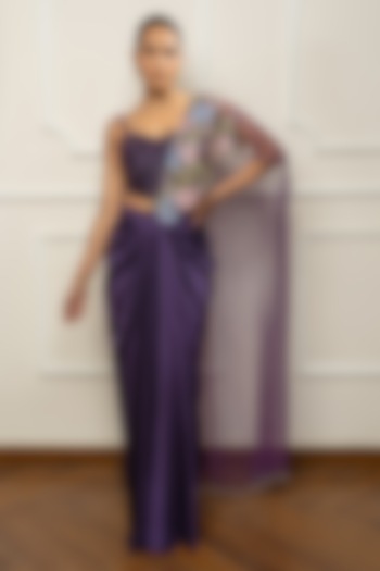 Deep Purple Satin & Net Embroidered Draped Wedding Saree Set by Isha Regalia at Pernia's Pop Up Shop
