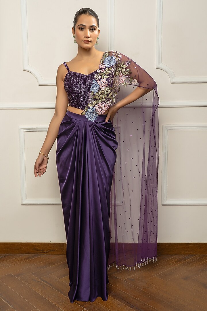 Deep Purple Satin & Net Embroidered Draped Wedding Saree Set by Isha Regalia at Pernia's Pop Up Shop
