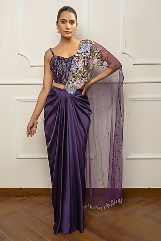 Deep Purple Satin & Net Embroidered Draped Saree Set by Isha Regalia