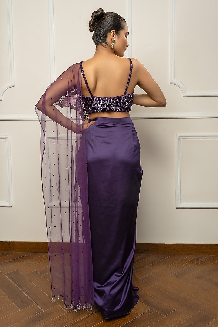 Deep Purple Satin & Net Embroidered Draped Wedding Saree Set by Isha Regalia at Pernia's Pop Up Shop
