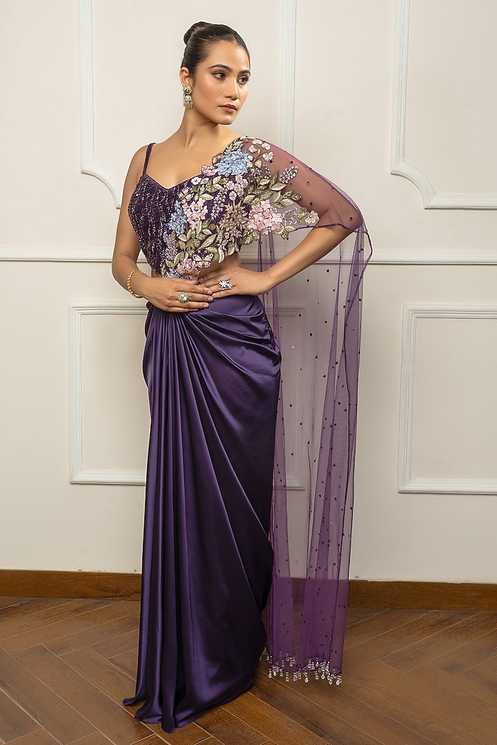 Deep Purple Satin & Net Embroidered Draped Wedding Saree Set by Isha Regalia at Pernia's Pop Up Shop