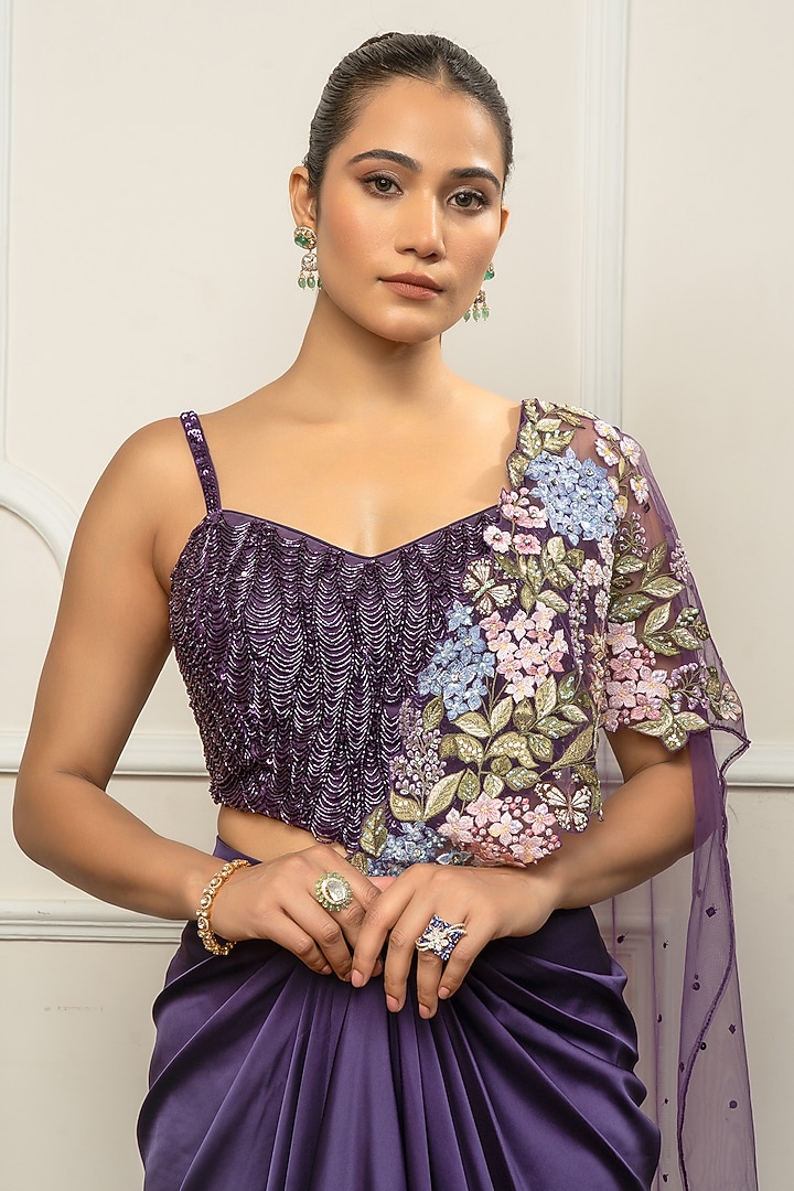 Deep Purple Satin & Net Embroidered Draped Wedding Saree Set by Isha Regalia at Pernia's Pop Up Shop