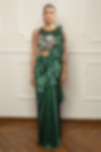 Bottle Green Satin & Net Draped Wedding Saree Set by Isha Regalia at Pernia's Pop Up Shop