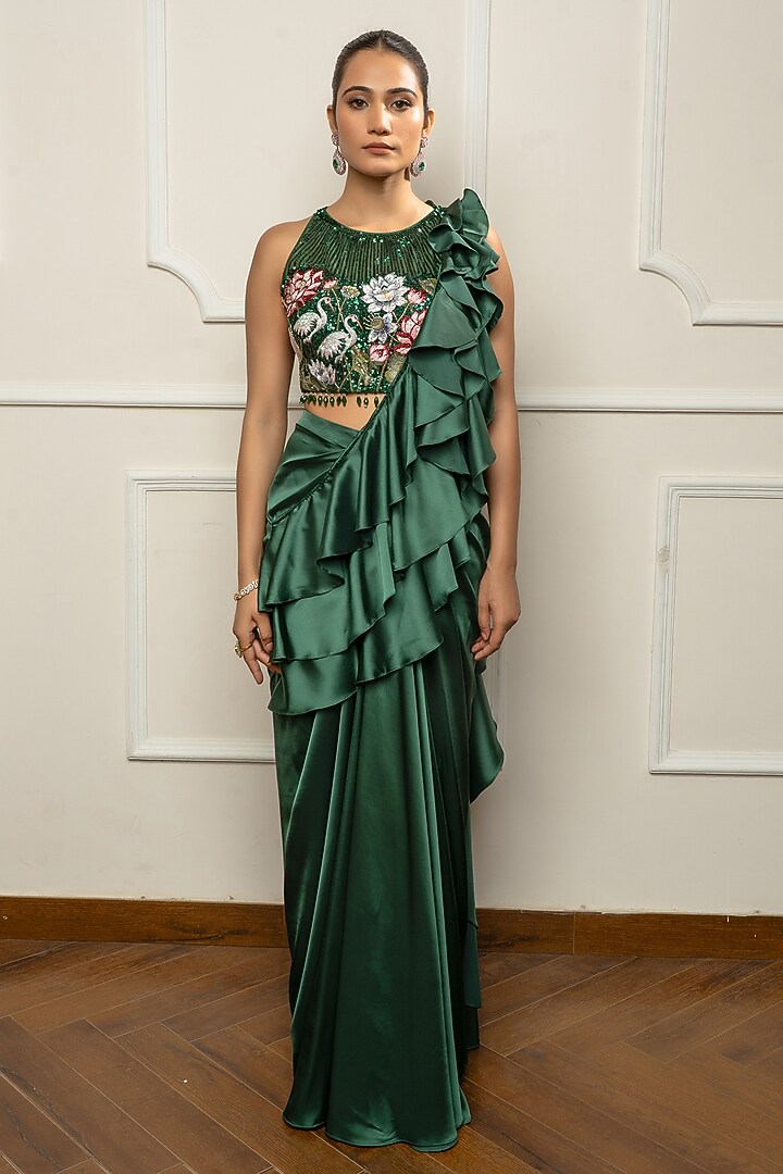 Bottle Green Satin & Net Draped Wedding Saree Set by Isha Regalia at Pernia's Pop Up Shop