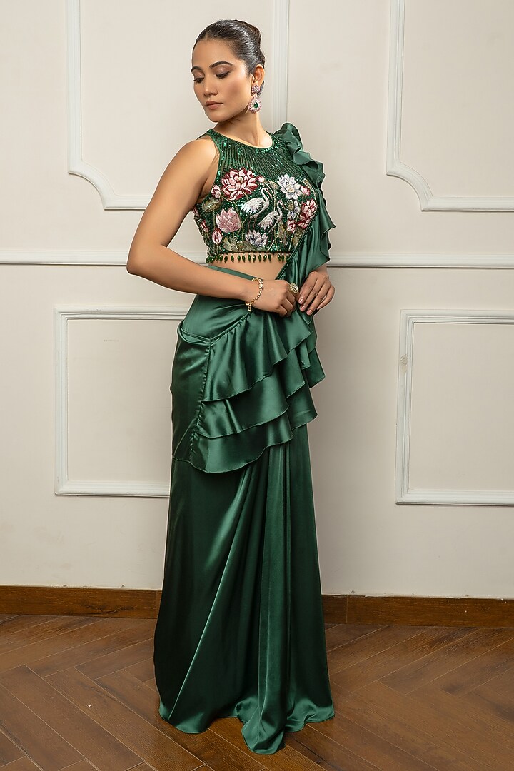 Bottle Green Satin & Net Draped Wedding Saree Set by Isha Regalia at Pernia's Pop Up Shop