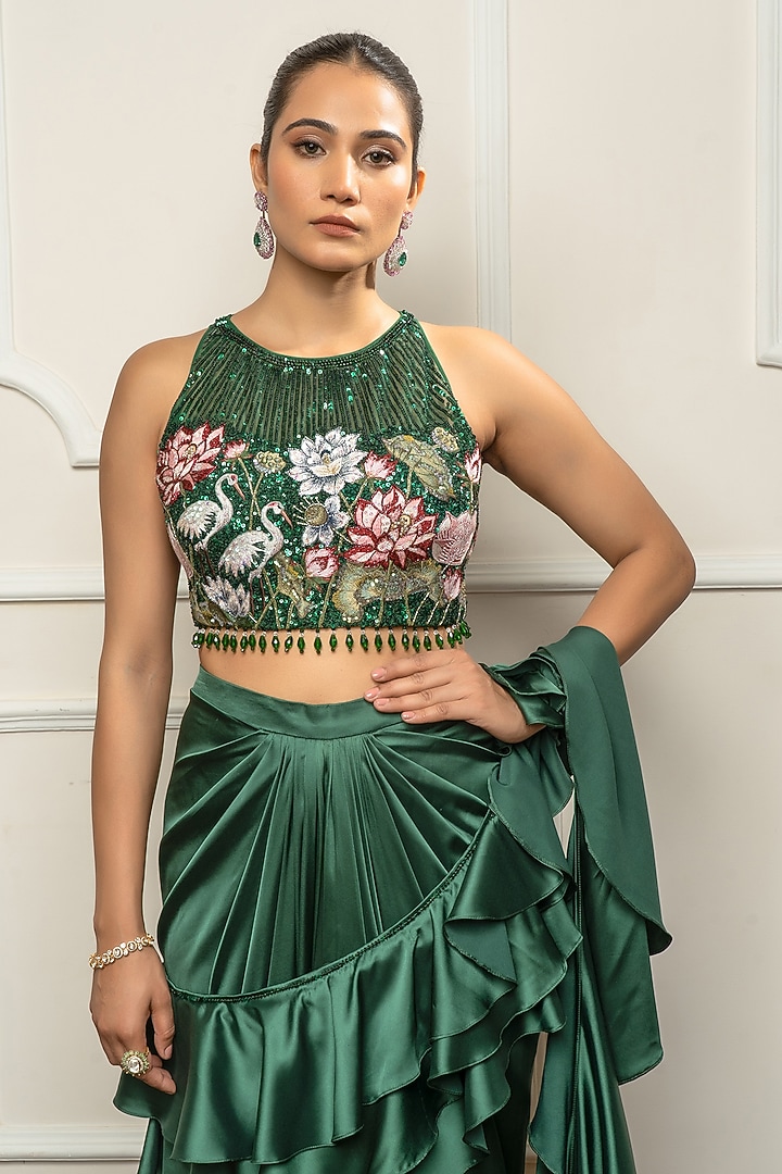 Bottle Green Satin & Net Draped Wedding Saree Set by Isha Regalia at Pernia's Pop Up Shop