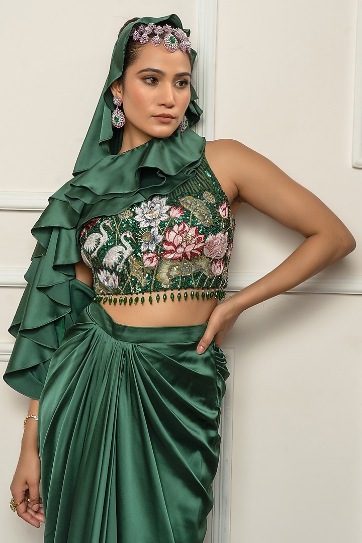 Bottle Green Satin & Net Draped Wedding Saree Set by Isha Regalia at Pernia's Pop Up Shop