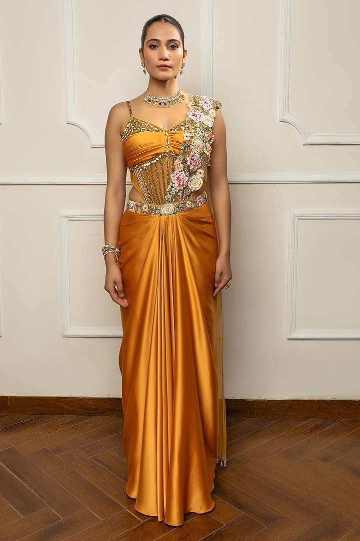 Mustard Yellow Satin & Net Embroidered Draped Wedding Saree Set by Isha Regalia at Pernia's Pop Up Shop